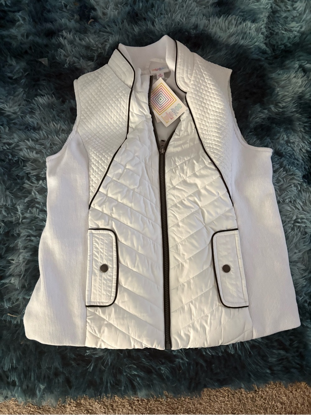 LuLaRoe White Quilted Sleeveless Vest with Black Piping